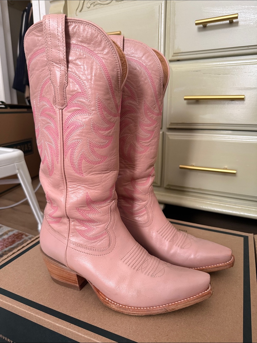 Tecovas Pink Leather Western Booties with Embroidered Shaft